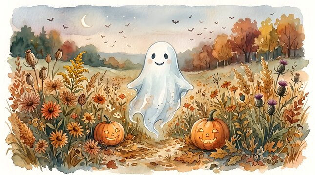 Watercolor illustration of a cute friendly ghost floating in a colorful autumn wildflower meadow with jackolantern pumpkins