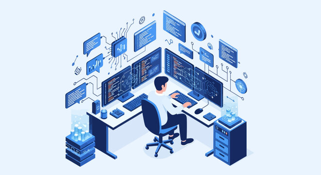 Man working on multiple computer screens in a modern office setting.