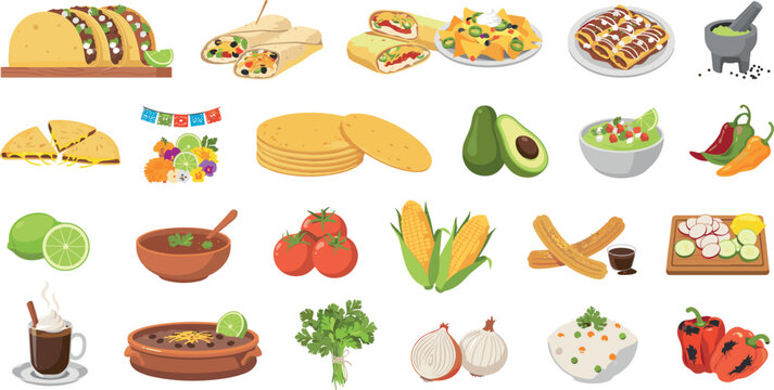 Traditional Mexican food and culinary dishes set with tacos burritos quesadillas tortillas salsa guacamole churros and fresh cooking ingredients vector