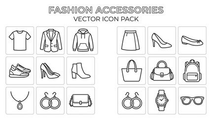 Fototapeta premium A collection of vector line art icons depicting various clothing items and fashion accessories arranged in a grid for design projects