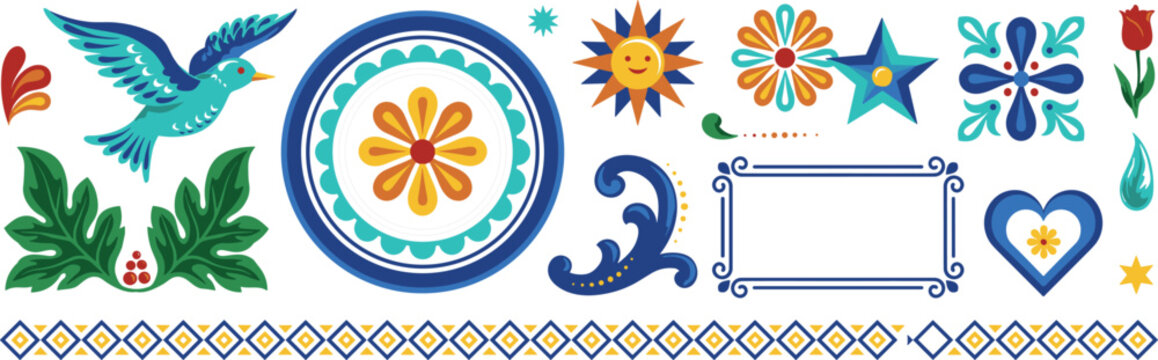 Traditional Mexican Talavera ceramic tile ornaments set with vibrant folk art floral patterns bird sun and geometric border vector