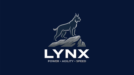 Lynx animal vector logo design featuring a wild cat standing on a rocky mountain peak illustration © VectroGraphy