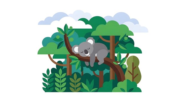 Cute flat vector illustration of a sleeping koala resting on a eucalyptus tree branch surrounded by lush green forest. Perfect for wildlife, Australia, nature conservation, children's education, and e