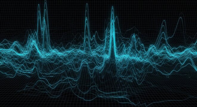 Abstract blue sound wave visualization with digital peaks on a dark black background