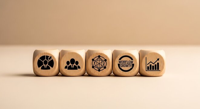 Wooden dice with business-related symbols representing data, teamwork, network, workflow, and growth