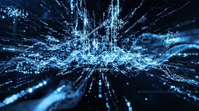 Abstract blue particle waves and glowing data streams pulse across dark space, forming flowing network lines, sparkling nodes, and energetic digital motion in a dynamic tech background