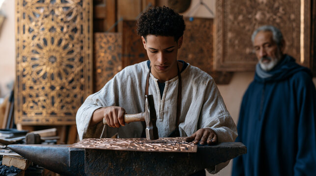 Young Moroccan apprentice ironworker hammering decorative geometric pattern into copper sheet at traditional souk workshop intricate finished panels hanging behind master