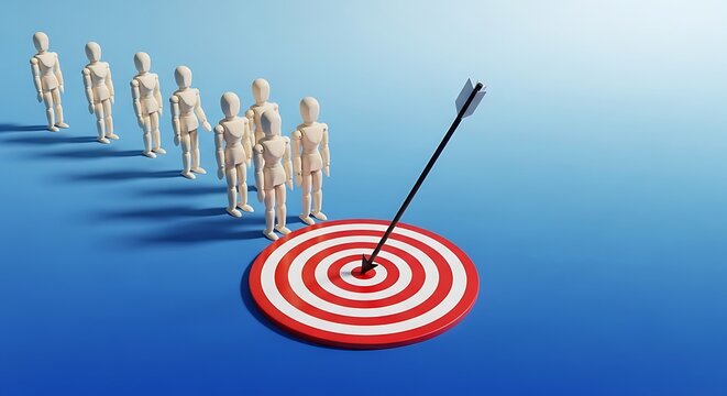 Wooden figures lined up, with a target & arrow, aiming at the bullseye on a gradient blue background