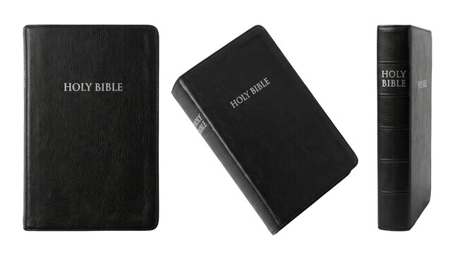 Holy Bible book in black leather cover shown in open and closed views, religious themes