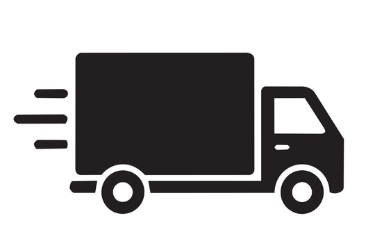 Simple black fast delivery truck icon isolated on white background with flat shipping transport symbol design
