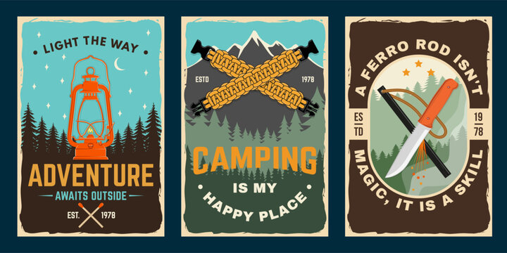 Vintage camping badges vector set. Retro outdoor adventure emblems with lantern, crossed paracord survival bracelets, survival knife and ferro rod. Wilderness exploration templates