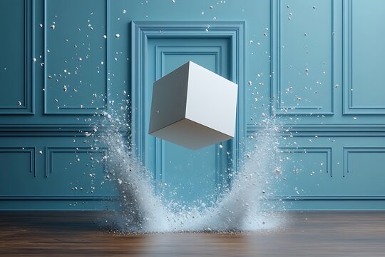 White cube emerging from blue wall, surrounded by white particles explosion