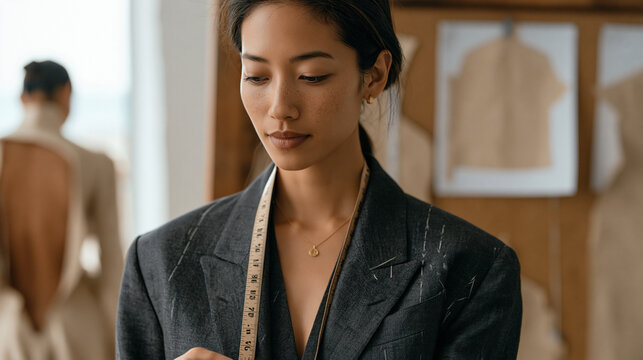A fit model stands in a minimalist studio while a fashion designer marks seam adjustments with chalk on a structured jacket, measuring tape draped at her neck, pattern sheets