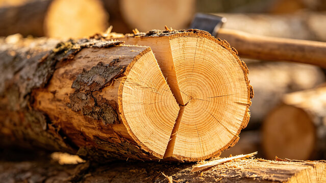  A freshly split log cross-section with growth rings and rough bark in warm sunlight，close up