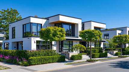 Fototapeta premium Stylish modern duplex homes with smooth white walls, dark window frames, geometric architecture, perfectly maintained hedges, quiet paved residential street, environmentally friendly housing develop