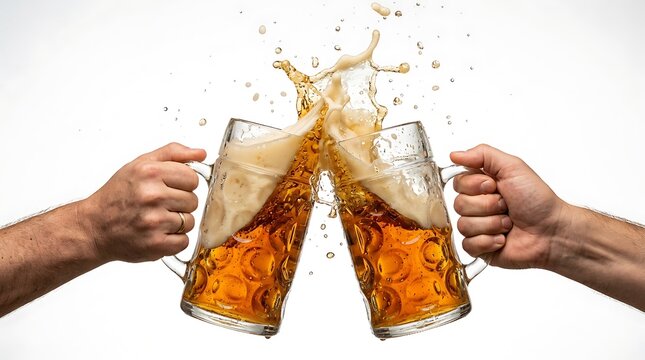 Two hands clinking glasses of beer with foam splash on white background for party banner celebration and brewery menu.