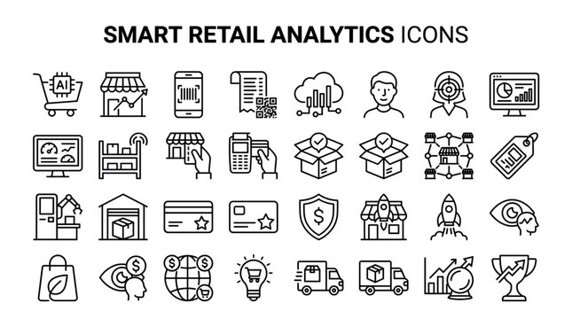 A collection of line icons representing smart retail analytics, e-commerce, business, logistics, and digital technology concepts, perfect for professional web design and data interfaces.