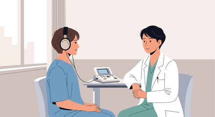 Obraz premium Audiologist testing patient's hearing with headphones and audiometer in medical office