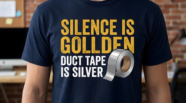 Tshirt design with a roll of duct tape and the text silence is golden, duct tape is silver, funny sarcastic quote
