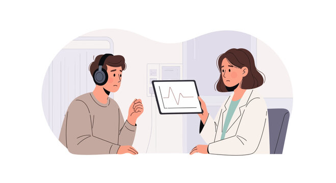 Audiologist examining patient's hearing with digital audiogram on tablet
