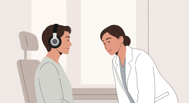 Audiologist tests patient's hearing with headphones in medical office