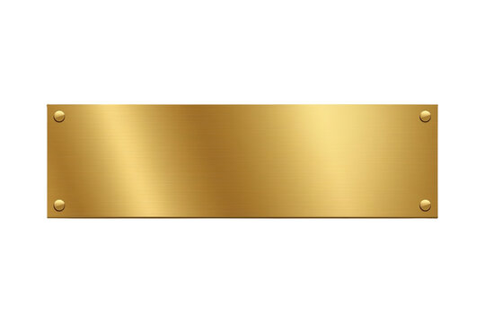 Golden metal plaque with brushed texture and rivets, blank empty brass plate as award, banner, or sign on transparent background