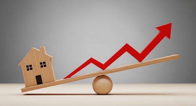 Wooden house and arrow on seesaw, symbolizing growth or market rise concept