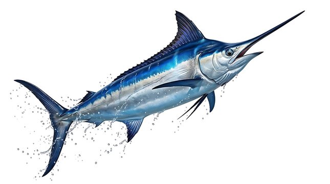 Jumping Blue Marlin Fish Illustration with Water Splashes Isolated on White Background for Sport Fishing Graphic Design.