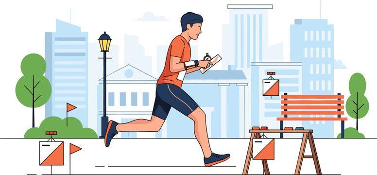 Man participating in city orienteering race, holding map and checking location in urban environment.