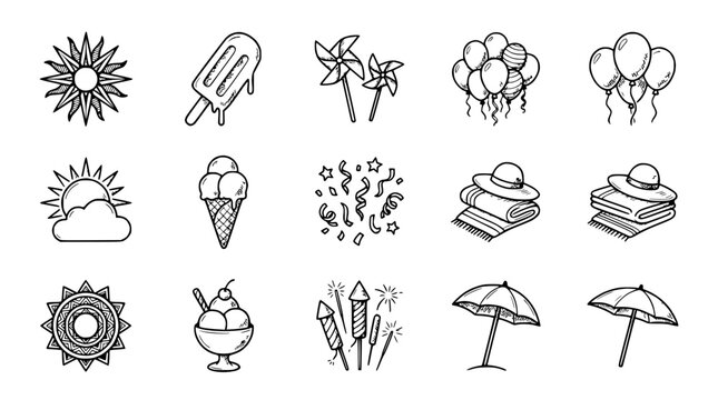 Summer Icons Set: Sun, Ice Cream, Balloons, Hats, Beach Umbrellas, Fireworks, Pinwheels