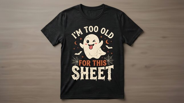 Black tshirt with a vintage style ghost graphic and the text im too old for this sheet for halloween