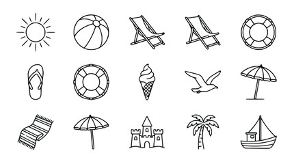 Summer Beach Icons: Sun, Deckchair, Ice Cream, Palm Tree, Sailboat, Beach Ball, Umbrella © Capi