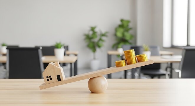 Wooden house and coin stacks balance on a seesaw, suggesting real estate investment