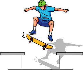Fototapeta premium Skateboarder jumping over obstacles on skateboard, performing aerial trick.