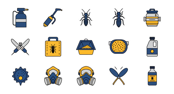 Pest control and extermination equipment icons set for chemical treatment
