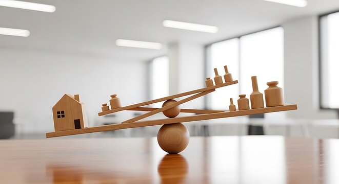 Wooden house and weights balancing on a seesaw, symbolizing balance in an office setting