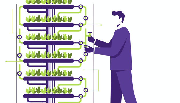 Operator monitoring vertical farming plant unit with nutrient pipes in modern hydroponic system.