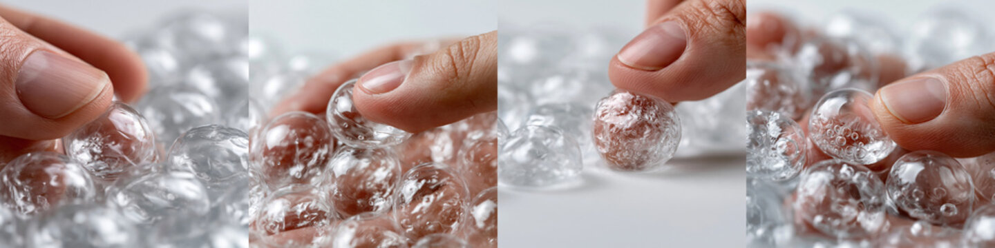 Close up of a hand holding clear transparent bubbles on a transparent background ideal for creative and abstract designs