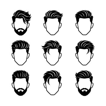 Men's Hairstyles Collection featuring nine popular haircut styles arranged in a professional reference chart. Perfect for barber shops, salon branding, hairstyle guides, grooming apps, and fashion ill