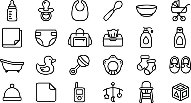 Baby care and nursery supplies vector icon set with pacifier, stroller