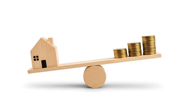 Wooden house figurine on a seesaw balanced against stacked coins, on a white background