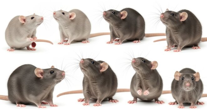 Collection of Cute Pet Rats in Various Poses Isolated on White Background - Group of Fancy Rats for Commercial Use