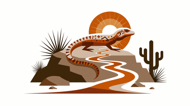 A lizard on a mountain with the sun rising above it and a cactus tree in the background.