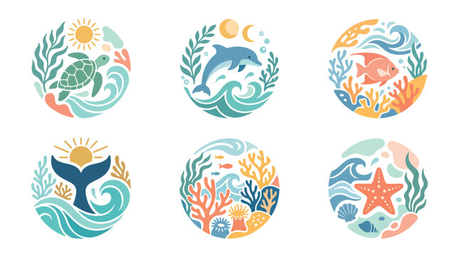 Minimalist ocean life emblems featuring stylized sea turtle dolphin and coral in muted pastel tones