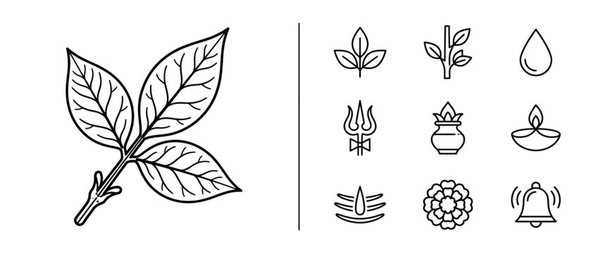 Set of Hindu Religious Symbols and Sacred Bel Patra Leaf Outline Icons