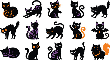 Naklejka premium Halloween Black Cat Vector Collection with Colorful Spooky Elements