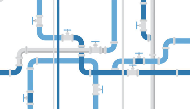 Complex network of blue industrial pipes with shut-off valves arranged neatly against a clean white background.