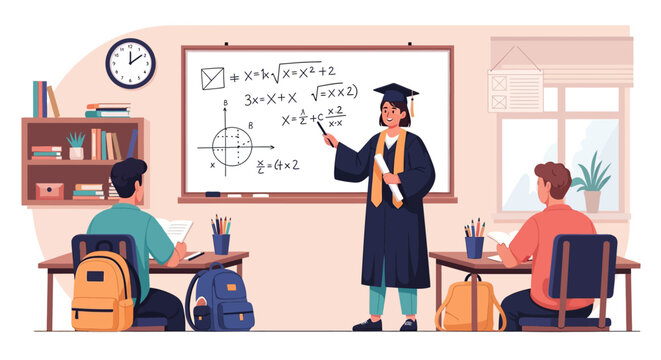 Teacher in graduation gown explaining math equations on whiteboard to students.