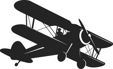 Silhouette of a biplane with pilot in cockpit on white background Keywords: biplane, airplane, aircraft, pilot, cockpit, aviation © Ajija