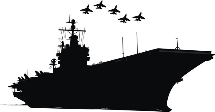 Silhouette of an Aircraft Carrier with Fighter Jets Flying in Formation Keywords: aircraft carrier, navy ship, warship, military